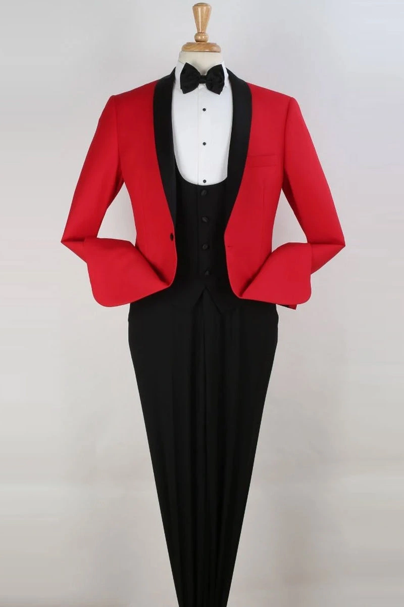 Roter Smoking für Herren: Ein Knopf, Weste, Schalkragen. Eleganz trifft auf Rebellion!
